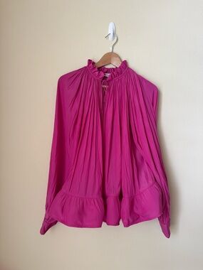 Lanvin Ruffled Gathered Charmeuse Blouse Fuchsia Pink Size 40